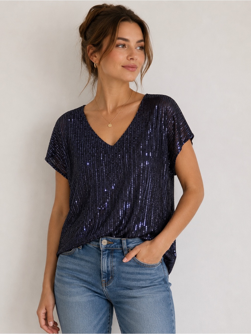Sequin V-Neck Short Sleeve Top in Navy (New/Unworn)